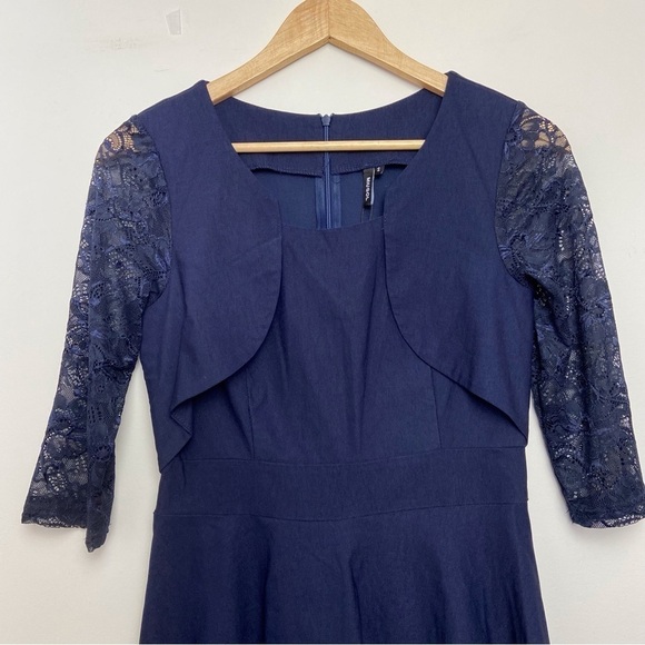 Miusol dress navy blue lace 3/4 sleeves stretchy A-Line midi small fit & flare - Picture 4 of 16